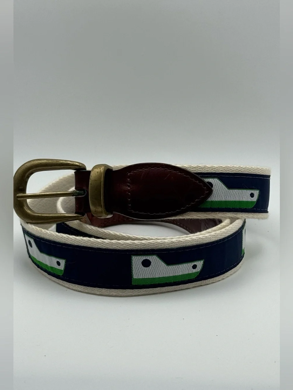 Vintage YRI Exeter NH Surcingle Belt Leather Brass Navy Green White Size 42